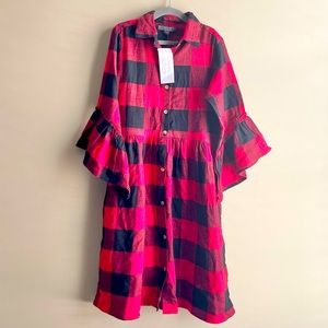 NWT A.T.U.N. Buffalo Check Ruffle Sleeve Brushed Flannel Dress
